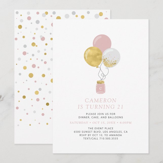 Invitation Ballotte Or et rose Fête d'anniversaire adulte mod (Devant / Derrière)