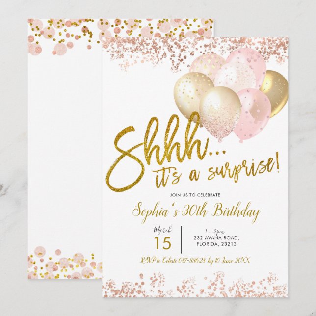 Invitation Ballotte rose et or Surprise fête d'anniversaire (Devant / Derrière)
