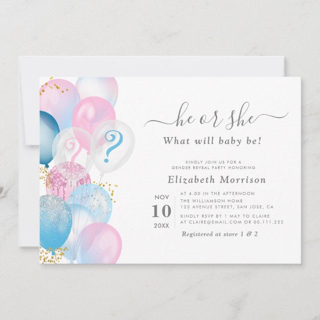 Invitation balons d'aquarelle moderne sexe révéler (Devant)