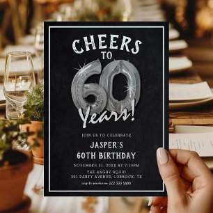 Invitation Balons en argent Rustique Chalkboard 60e anniversa