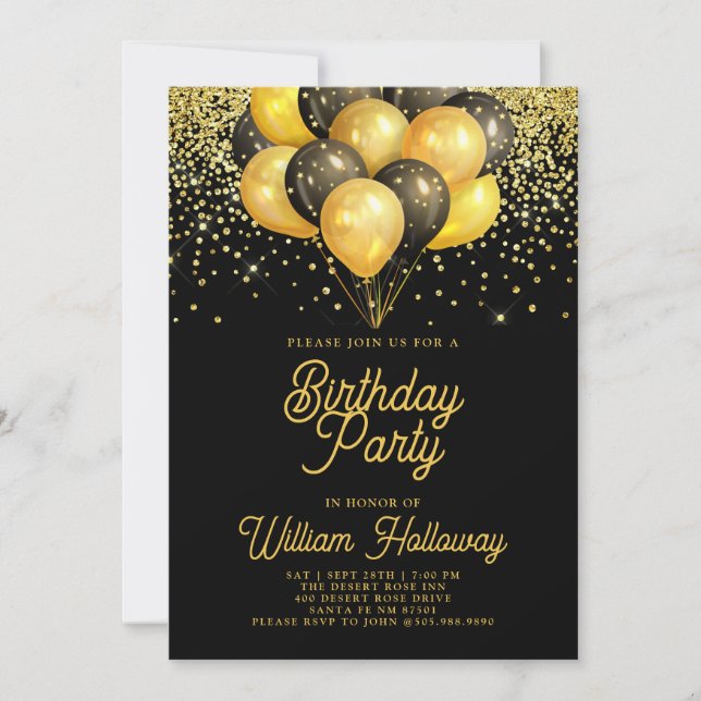 Invitation Balons noirs d'or moderne fête d'anniversaire (Devant)