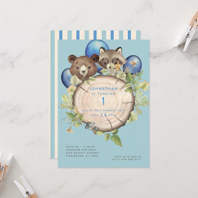 Invitation Balotes d'animaux de bois mignons 1er anniversaire (Devant/Arrière en situation)