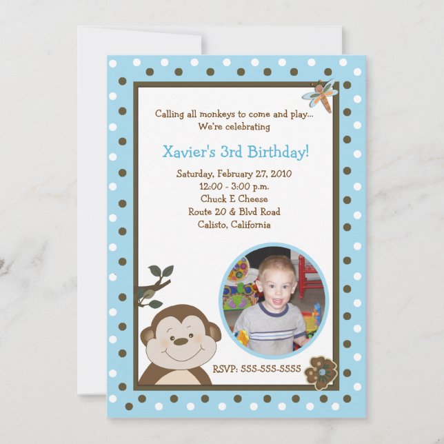 Invitation Bambino Singe 5x7 Photo bleue Anniversaire (Devant)
