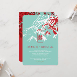 Invitation Bambou rouge et turquoise Feuille Mariage chinois
