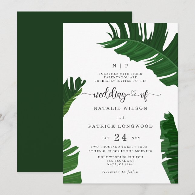Invitation Banana Feuilles Monogramme Mariage Tropical (Devant / Derrière)