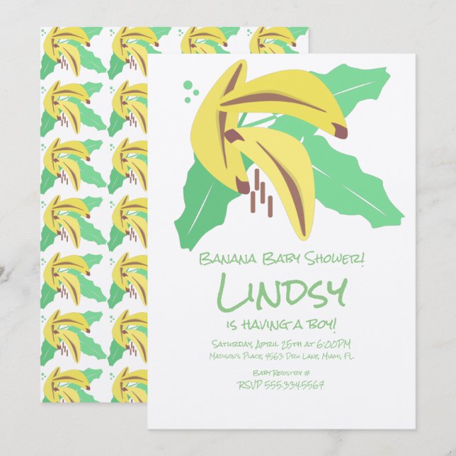 Invitation Banane rétro Baby shower violet Kraft (Devant / Derrière)