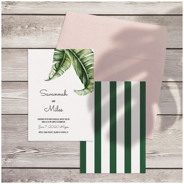 Invitation Banane verte et rose feuille de palme Tropical (Optional stripes on Back)