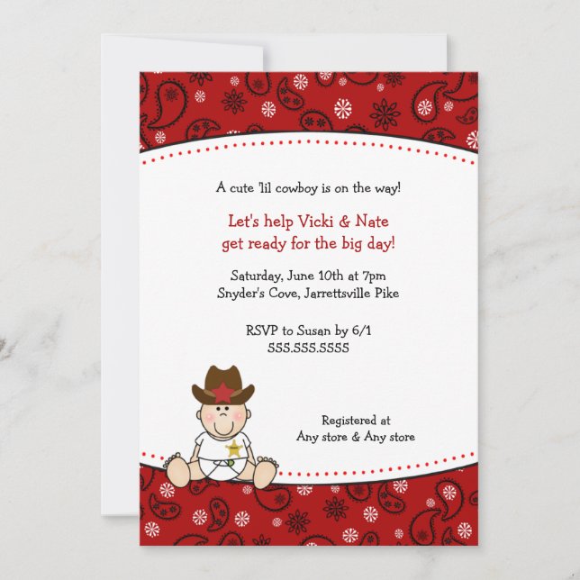 Invitation Bandana de rouge d'invitation de baby shower de (Devant)