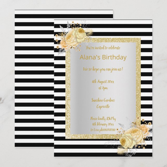 Invitation Bande blanche noire Bouquet Or anniversaire (Devant / Derrière)