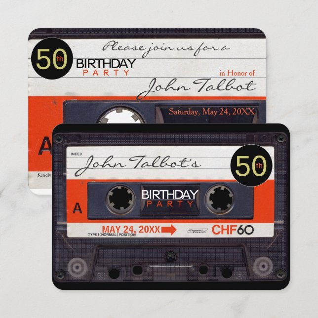 Invitation Bande de cassette rétro S 50e anniversaire fêtes I (Devant / Derrière)