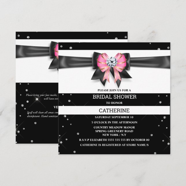Invitation Bande de parties scintillant noire blanche rose ét (Devant / Derrière)