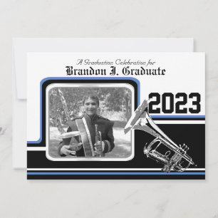 Invitation Bande de Varsity Trumpet Graduation Photo Bleu