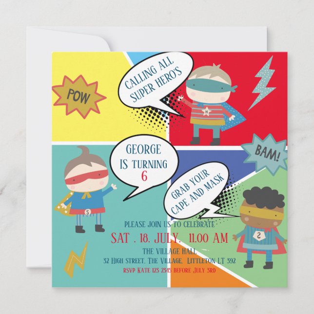 Invitation Bande dessinée Cute Super hero Enfants (Devant)