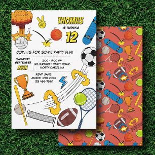 Invitation Bande dessinée Rétro Sports Ballons Anniversaire
