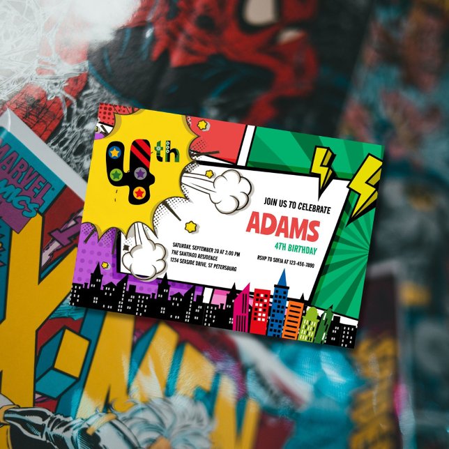Invitation Bande dessinée Superhero 4e anniversaire (Créateur téléchargé)