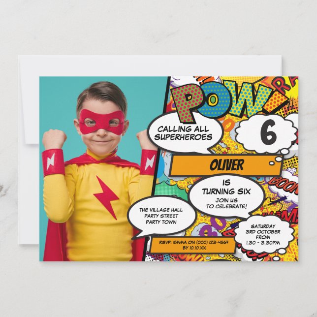 Invitation Bande dessinée Superhero Anniversaire Photo Invita (Devant)