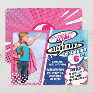 Invitation Bande dessinée Superhero Girl's Birthday Invitatio