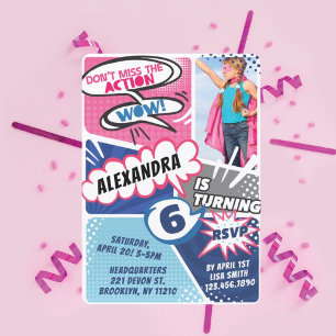 Invitation Bande dessinée Superhero Girl's Birthday Invitatio