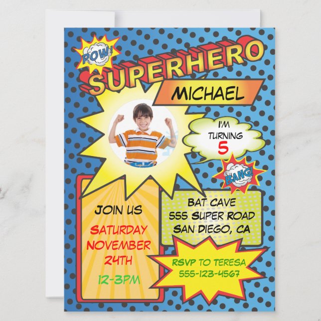 Invitation Bande dessinée Superhero Photo Insertion fête d'an (Devant)
