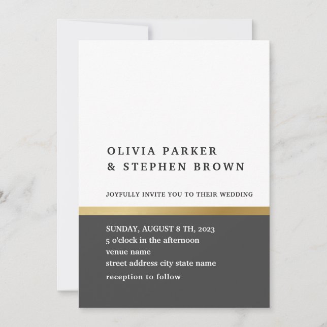 Invitation Bande d'or. Élégant Mariage noir et blanc (Devant)