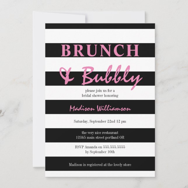 Invitation Bande noire et blanche avec Brunch rose et mousseu (Devant)