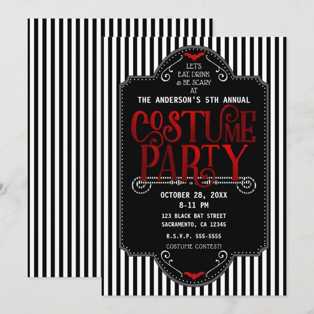 Invitation Bande Noire Et Blanche Rouge Costume Gothique (Devant / Derrière)