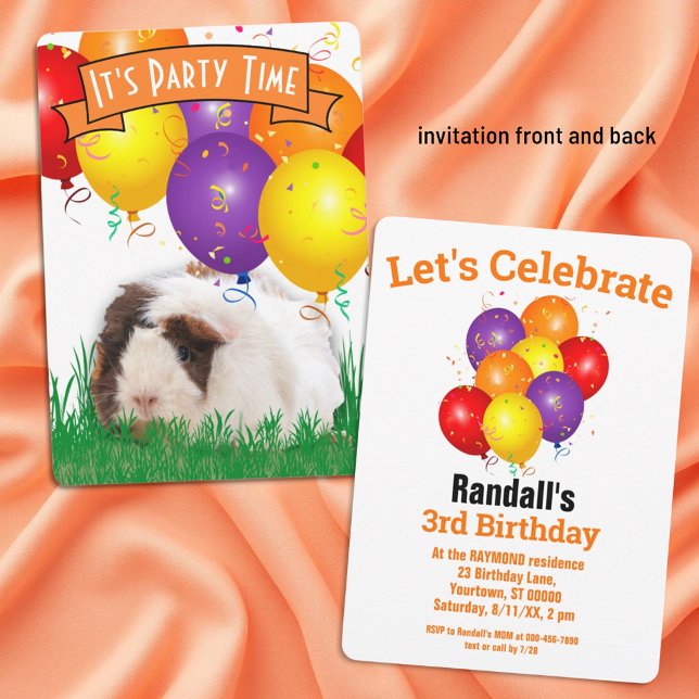 Invitation Banderole Orange pour bébé Guinée Balloons de porc (invitation front and back)