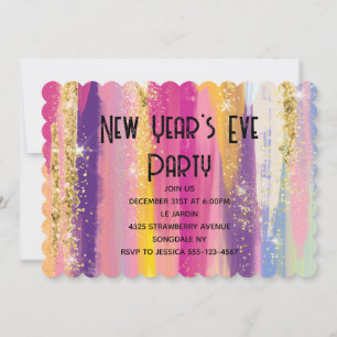 Invitation Bandes arc-en-ciel avec paillettes dorées Nouvel A