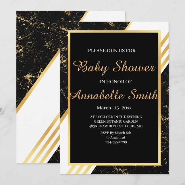Invitation Bandes de marbre d'or typographie Baby shower noir (Devant / Derrière)