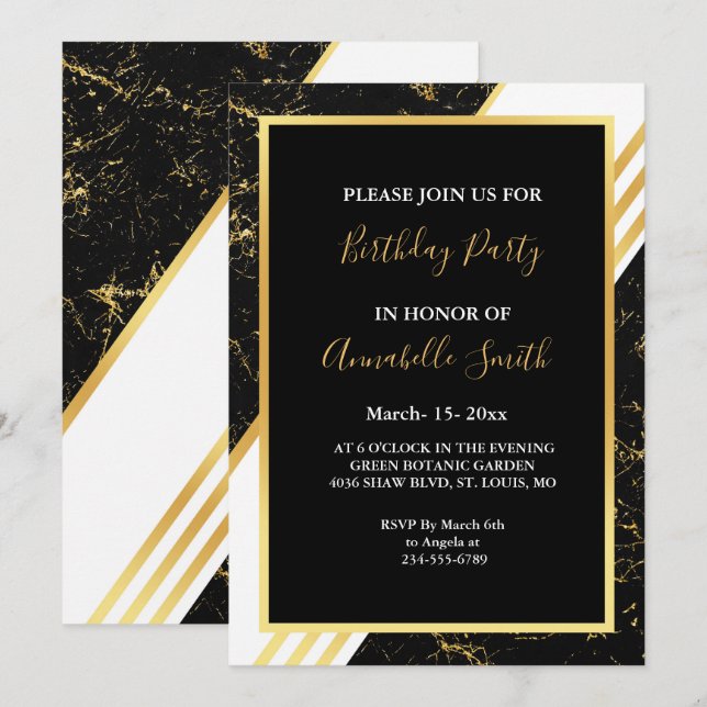 Invitation Bandes de marbre d'or typographie noir Anniversair (Devant / Derrière)