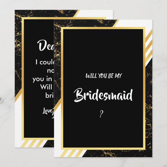 Invitation Bandes de marbre d'or typographie noir Bridesmaid (Devant / Derrière)