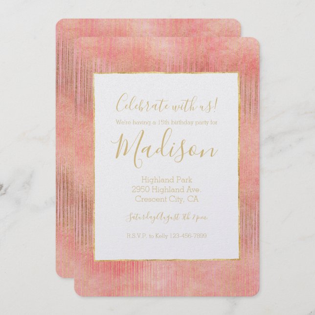 Invitation Bandes d'or rose rose (Devant / Derrière)