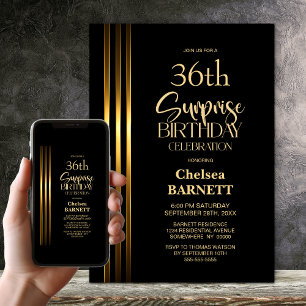 Invitation Bandes dorées sur fond noir, surprise d'anniversai