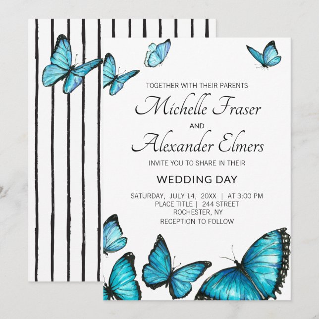 Invitation Bandes élégantes noir blanc. Mariage de papillons (Devant / Derrière)