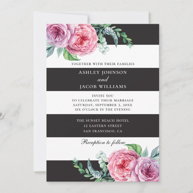 Invitation Bandes florales blanches et noires. Fleurs roses m (Devant)