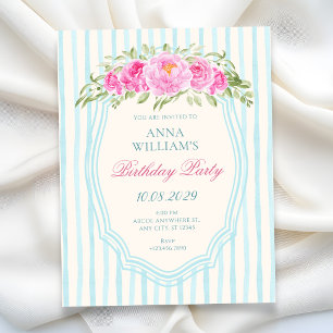 Invitation Bandes florales bleues anniversaire