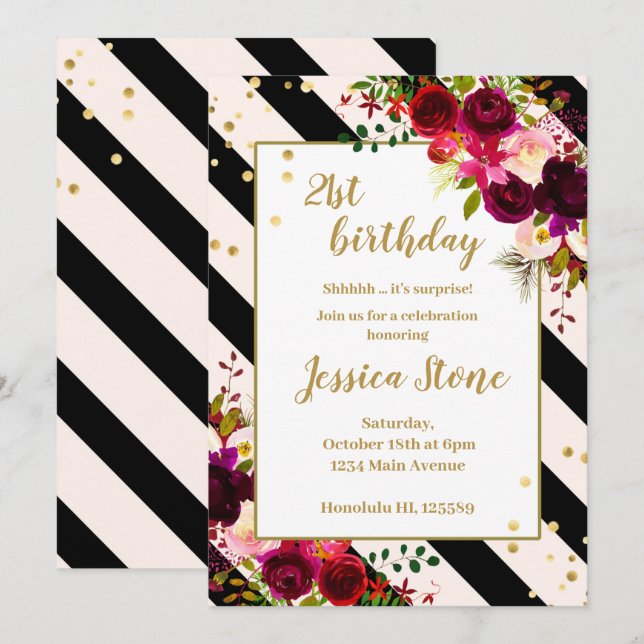 Invitation Bandes florales noires et blanches 21e anniversair (Devant / Derrière)