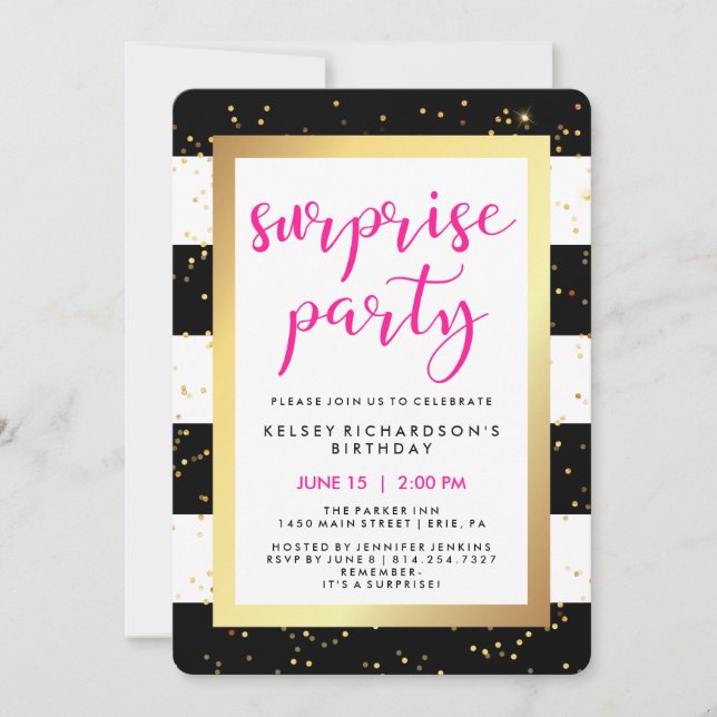 Invitation Bandes noires et blanches avec Gold Surprise Party (Devant)