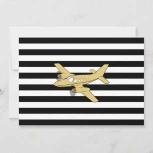 Invitation Bandes noires et blanches et avion en or