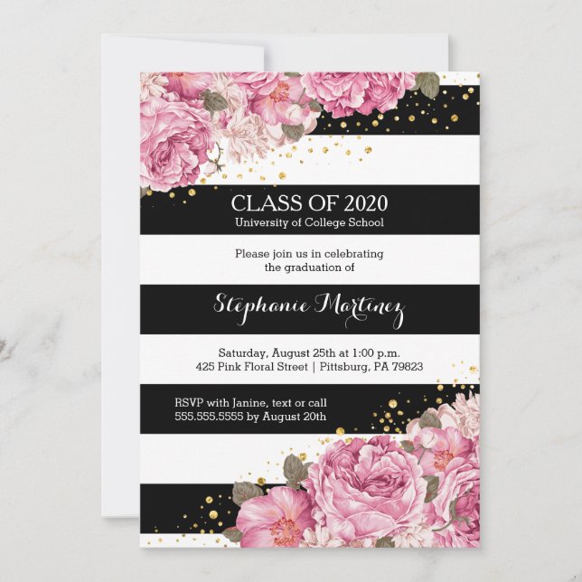 Invitation Bandes noires et blanches et graduation florale ro (Devant)