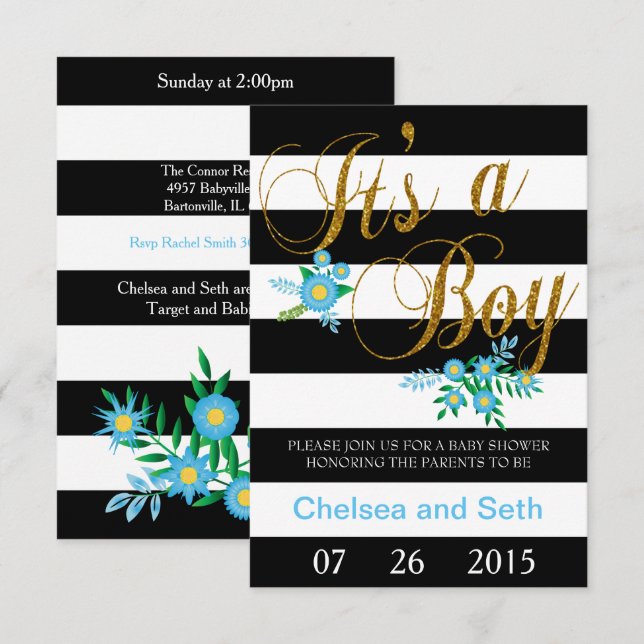 Invitation Bandes noires et blanches| Flore bleue| Baby showe (Devant / Derrière)