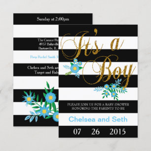 Invitation Bandes noires et blanches  Flore bleue  Baby showe