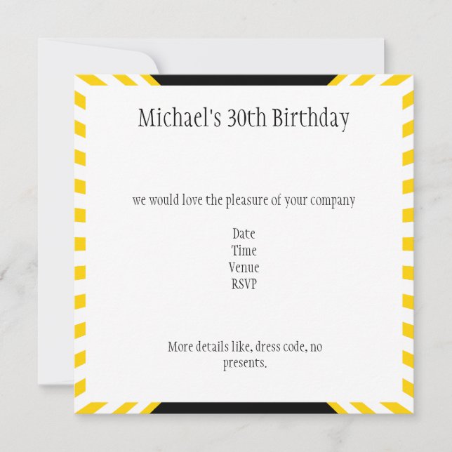 Invitation Bandes rétro jaune et blanc avec Anniversaire noir (Devant)