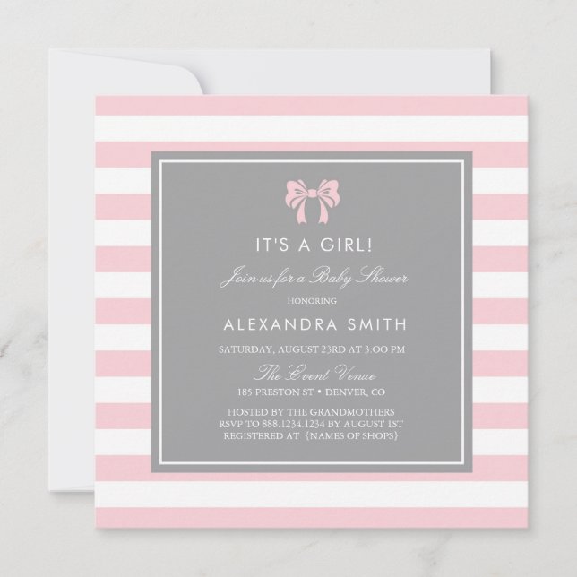 Invitation Bandes roses et blanches avec Baby shower en bois (Devant)