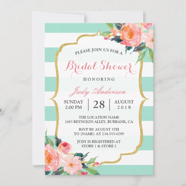 Invitation Bandes vertes à la menthe | Floral Chic Fête des m (Devant)