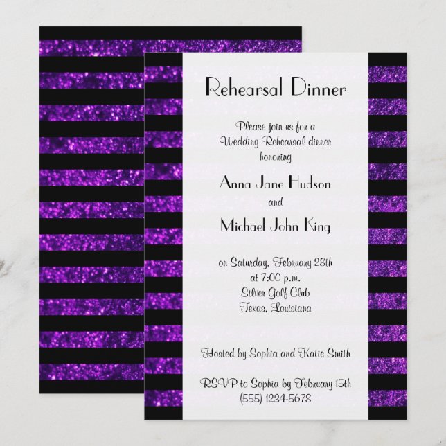 Invitation Bandes Violettes, Bandes Parties scintillant, Dîne (Devant / Derrière)