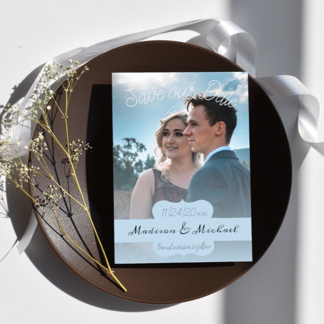 Invitation Bannière Bleue Douce Photo Enregistrer La Date Ann (Soft Blue Banner Photo Save the Date)