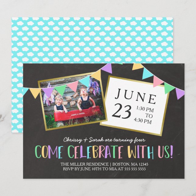 Invitation Bannière de Bunting Chalkboard Photo Anniversaire (Devant / Derrière)