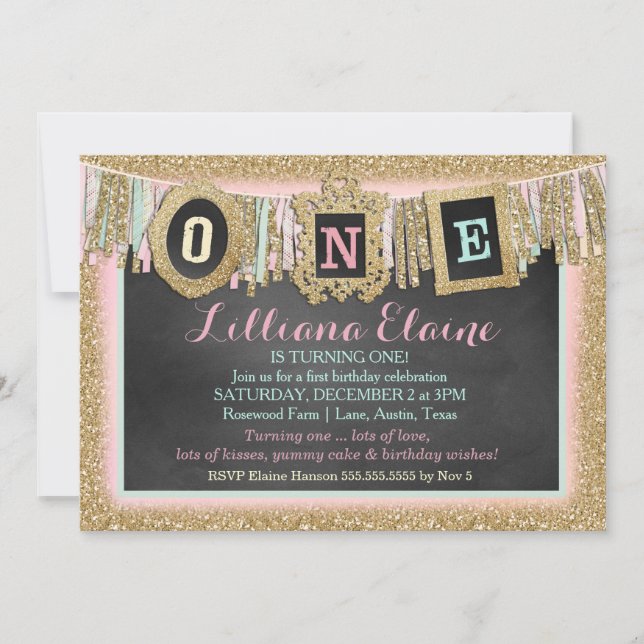 Invitation Bannière Gold Parties scintillant First Birthday (Devant)