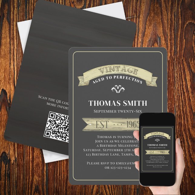 Invitation Bannière or Vintage Anniversaire Simple Signal QR  (Créateur téléchargé)